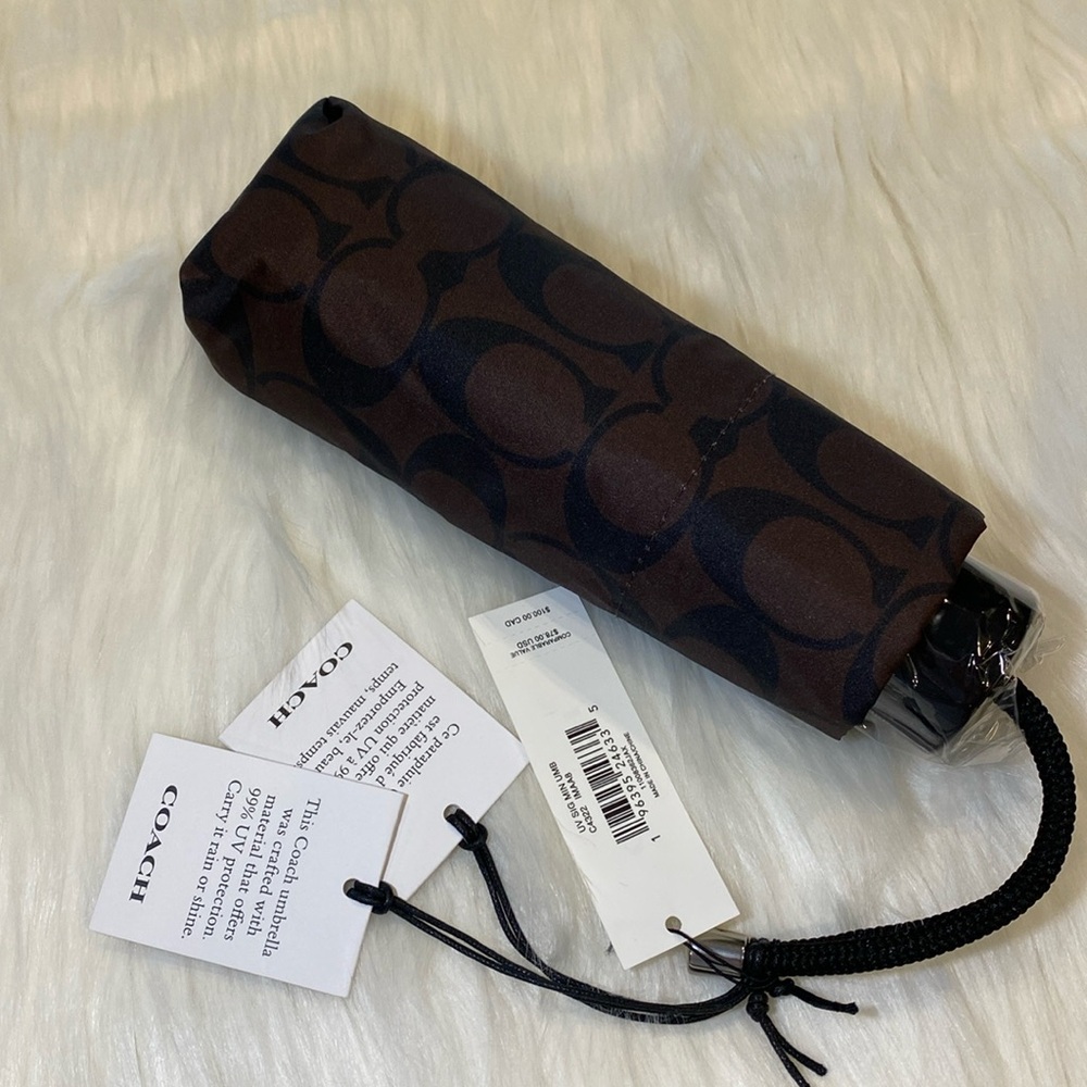 ☔️COACH Mini Umbrella, UV Signature C Printed Nylon, Dark Brown/Black, NWT